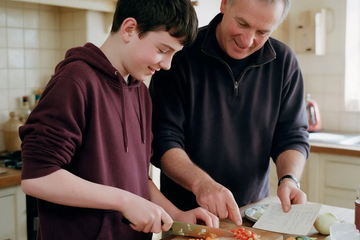 A support worker helping a young man cook at home